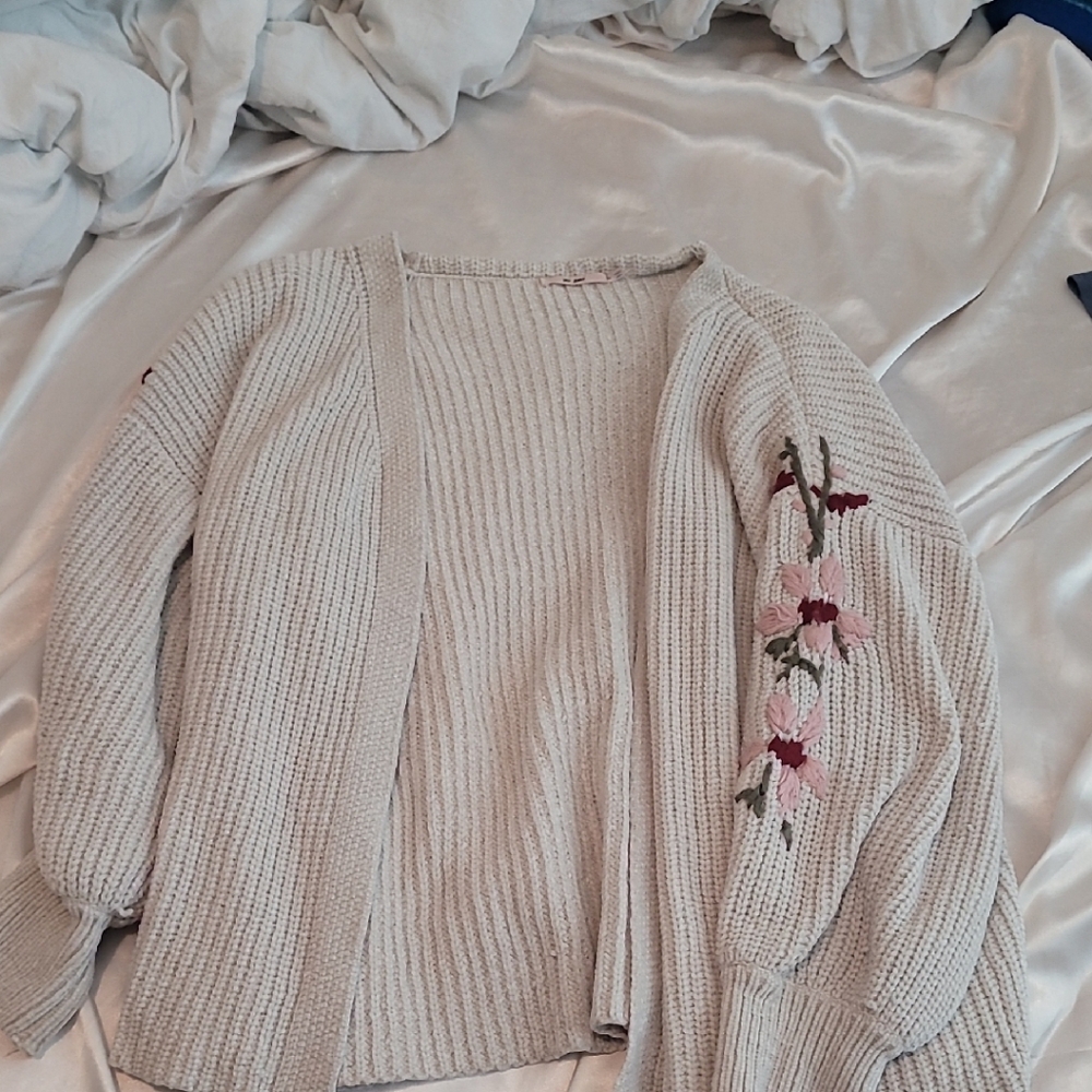 miami Cream Knit Open-Front Cardigan with Pink Floral Embroidery